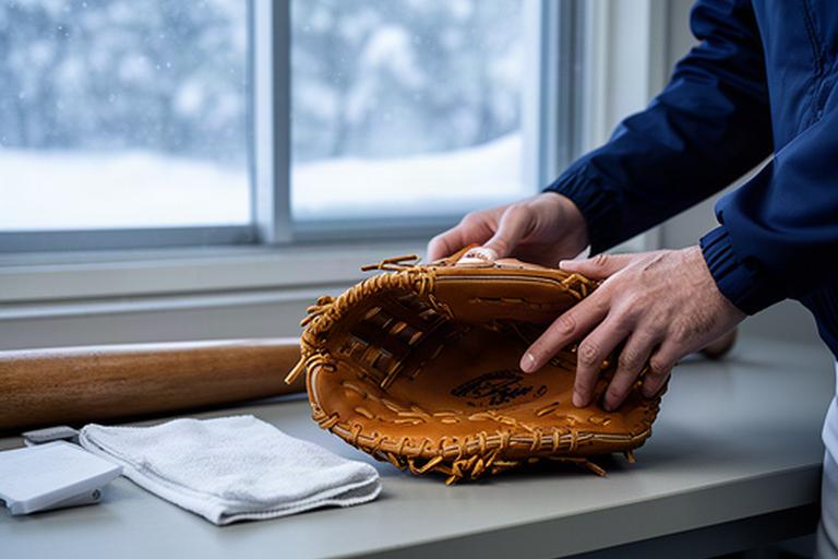 雪の降る室蘭の屋内でグローブとバットを点検する野球用品の保管風景