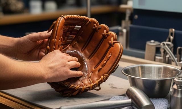 グローブの湯もみと型付けを行う店内作業台