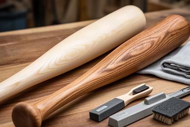 アオダモとメイプルの木製バットを木目の作業台に並べた様子